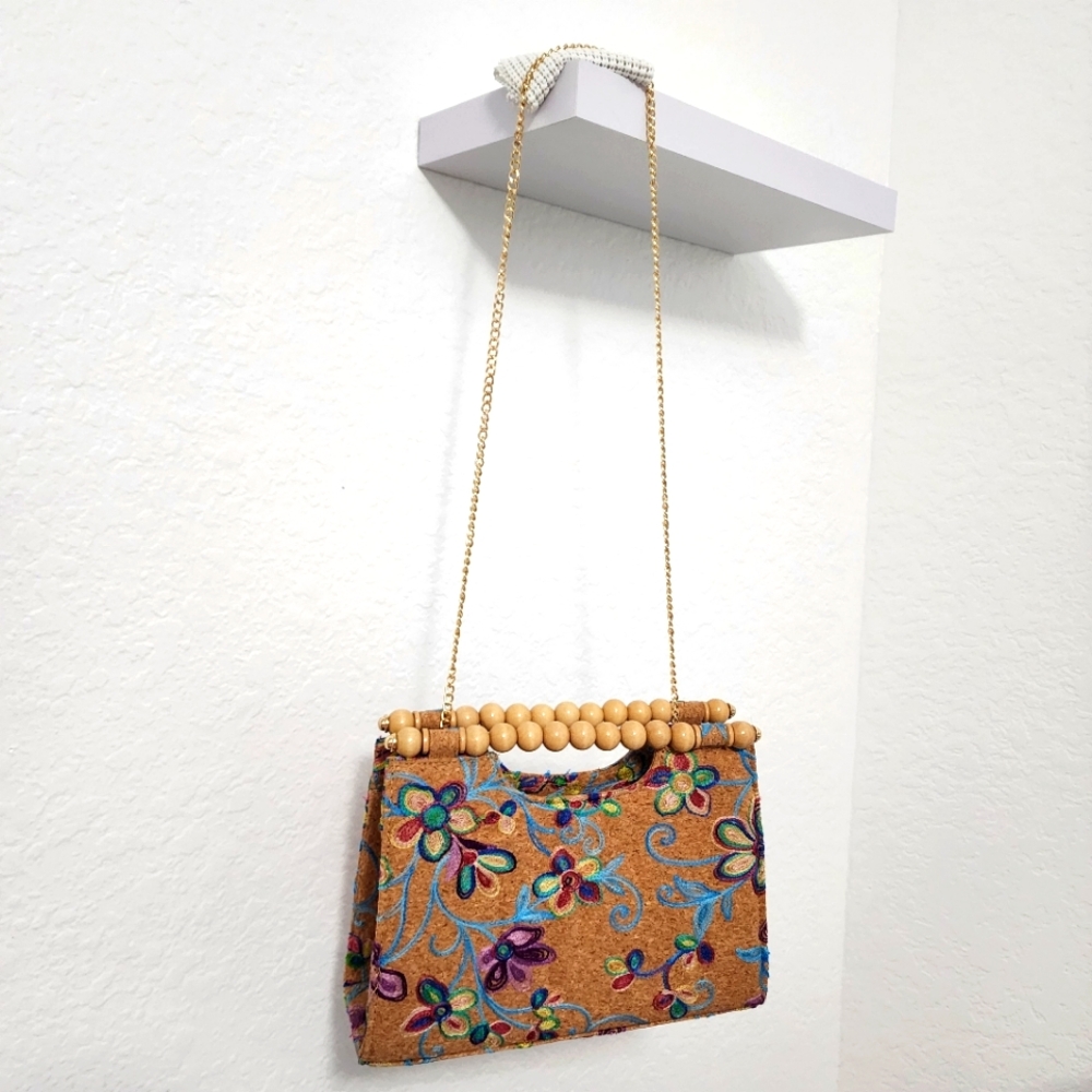 Cork Embroidered Floral Hand Bag.